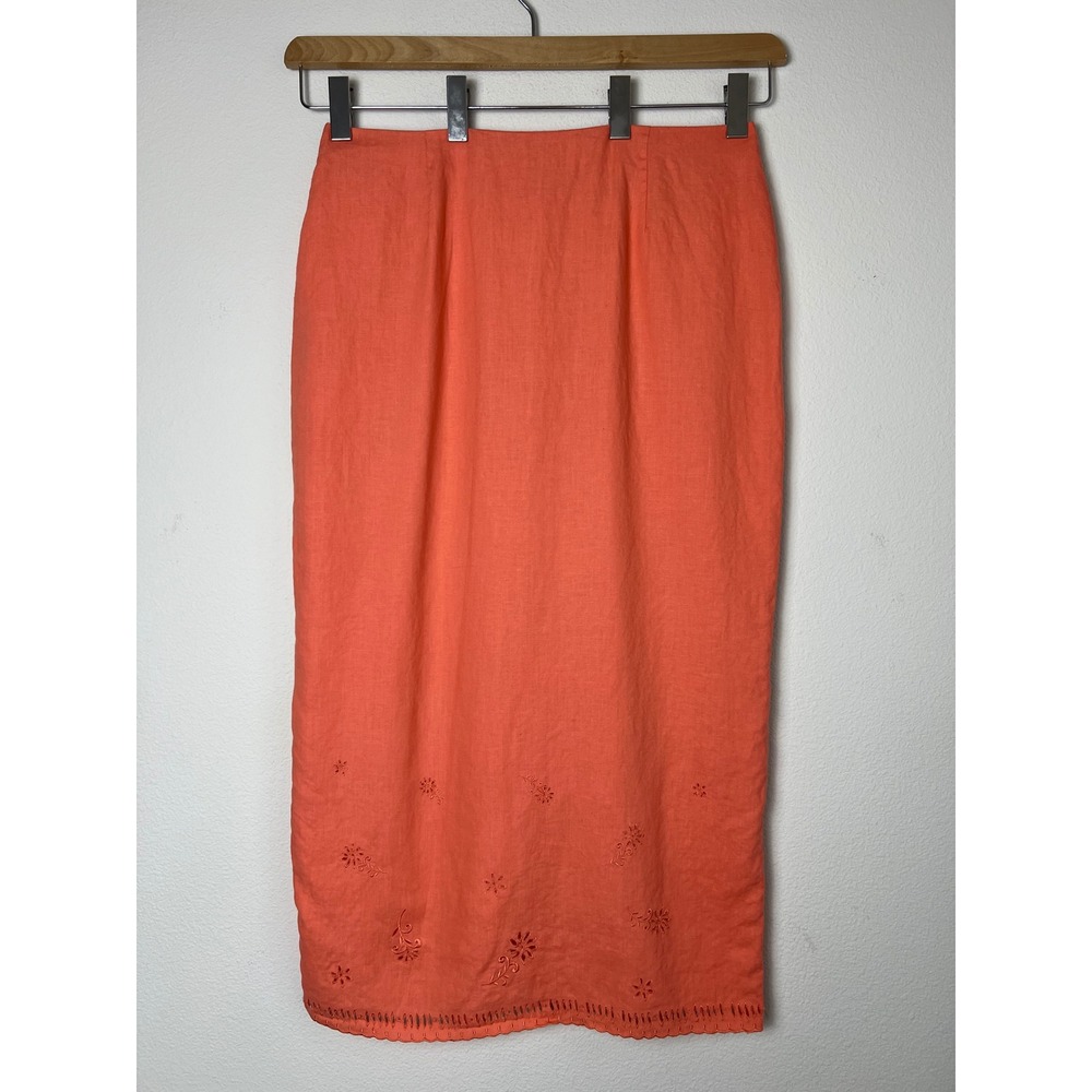 Allison Taylor Linen Maxi Skirt XL Coral‎ Eyelet Embroidered Coastal Beach Boho